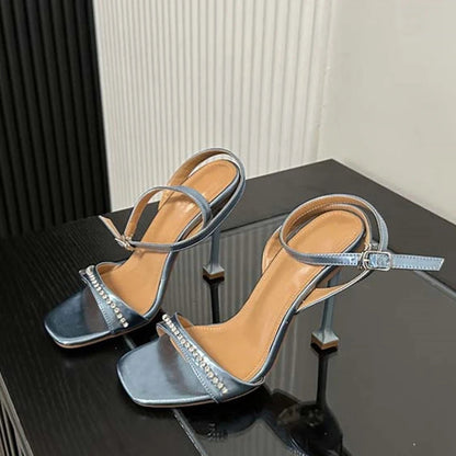 Crystal Rhinestone Sandals Women Fashion Square Toe High Heels