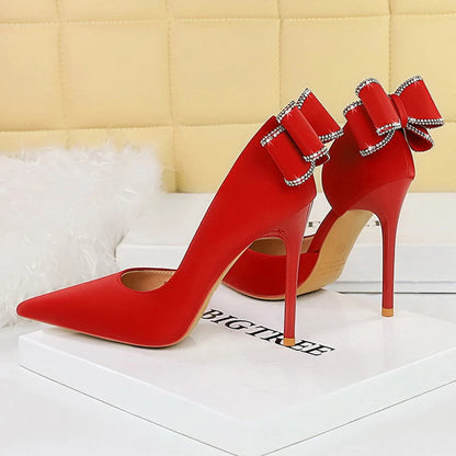Rhinestone Back Bowknot High Heels Women Pumps in Silks and Satins