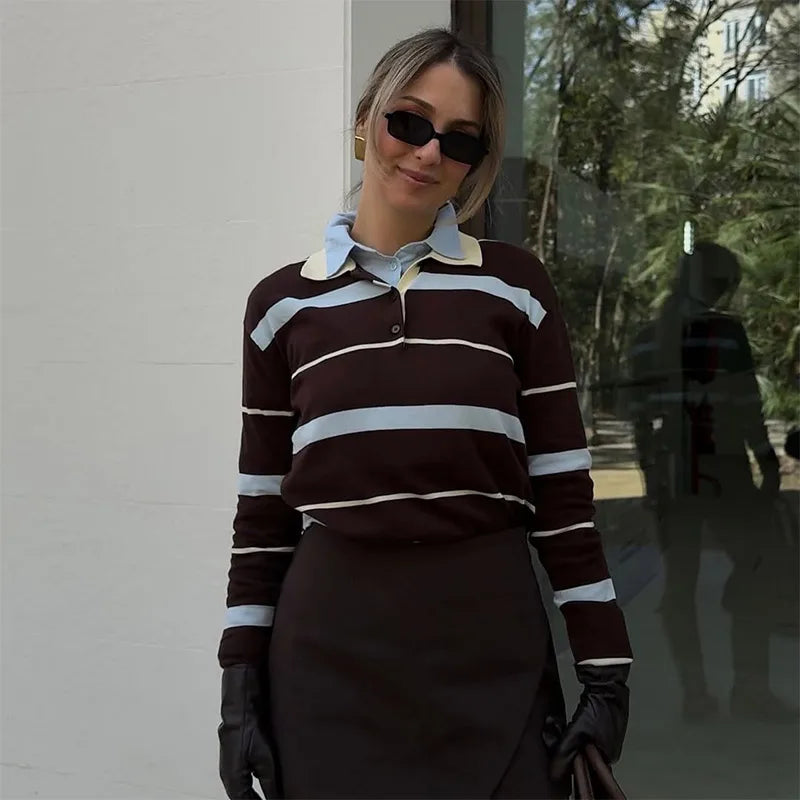 Fashion Stripe Women's T-shirt Casual Short Sleeve Female All Match Polo Shirts Summer New Ladies Loose Tops High Street