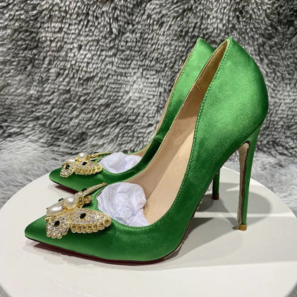 Green Satin Silk Pointy Toe High Heel Shoes with Glitter Butterfly Decor for Women