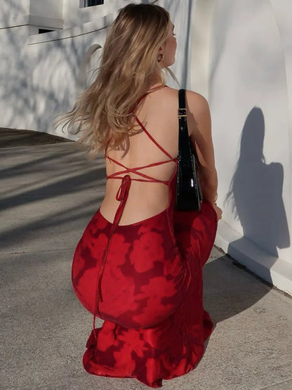 Spaghetti Strap Print Sleeveless High Waist Vacation Dress