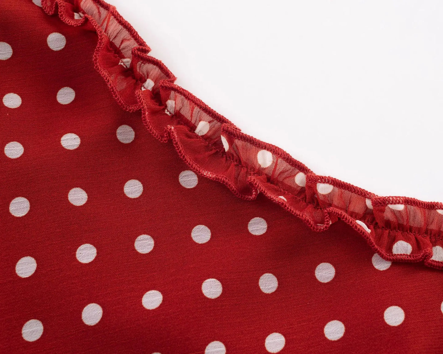Polka Dot Spaghetti Strap Scoop Neck Ruffle Trim Midi Dress