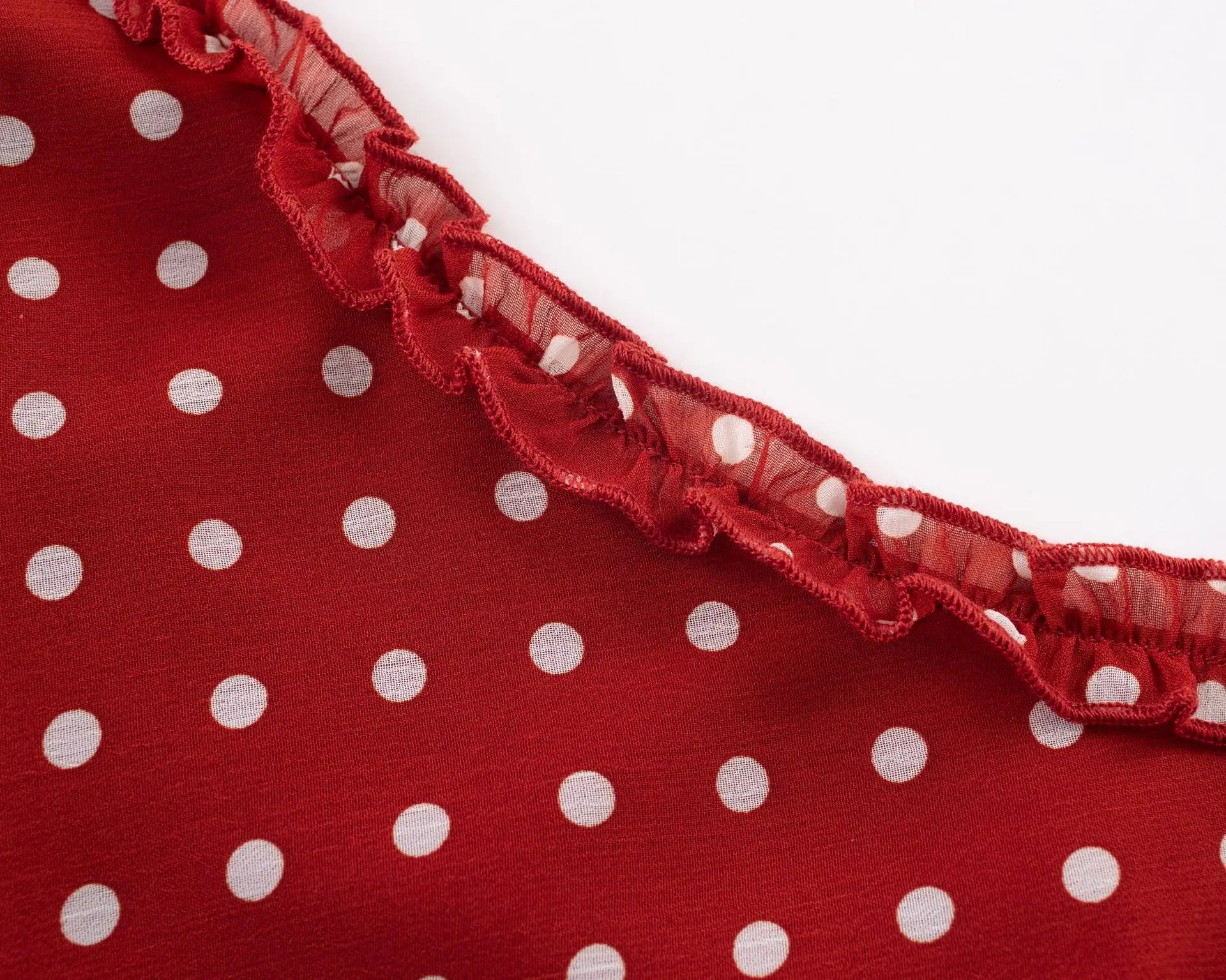 Polka Dot Spaghetti Strap Scoop Neck Ruffle Trim Midi Dress