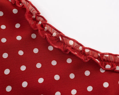 Polka Dot Spaghetti Strap Scoop Neck Ruffle Trim Midi Dress
