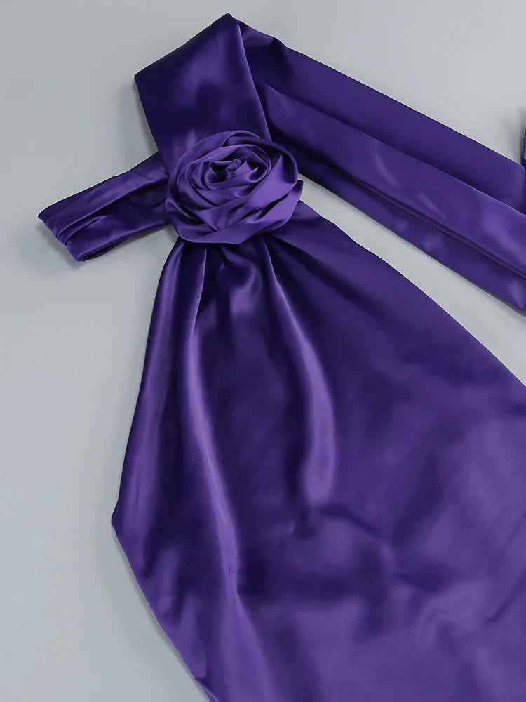 Purple Satin Halter Neck 3D Flower Scarf Maxi Dress