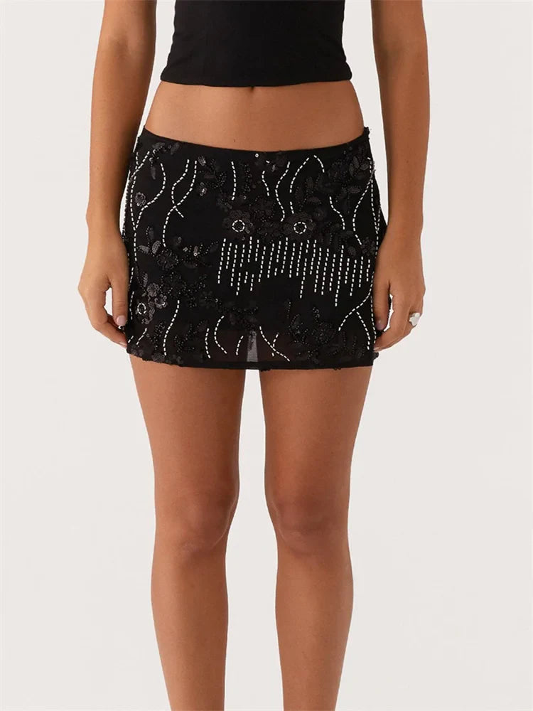 Sequined Floral Low Waist Mini Skirt