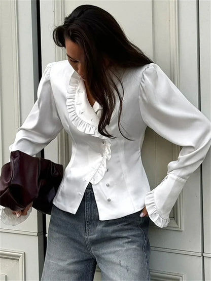 TAIVIMART  -  White Ruffled Vintage Shirts For Women Patchwork V-Neck Long Sleeve Autumn Elegant Streetwear Female Cardigan Blouses