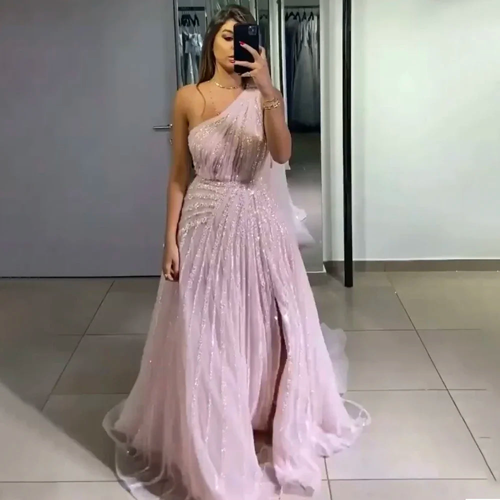 One-Shoulder Cape Sleeve Beaded Evening Dresses