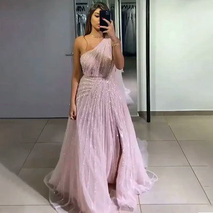 One-Shoulder Cape Sleeve Beaded Evening Dresses