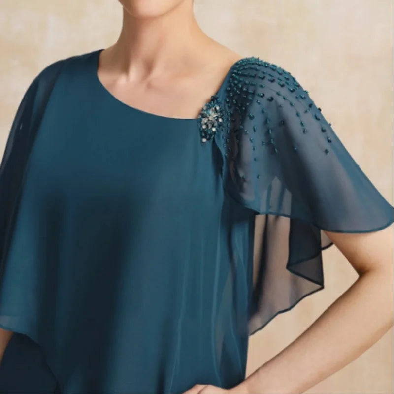 Asymmetric Beaded Shoulder Cape Sleeve Tiered Chiffon Knee Length Dress
