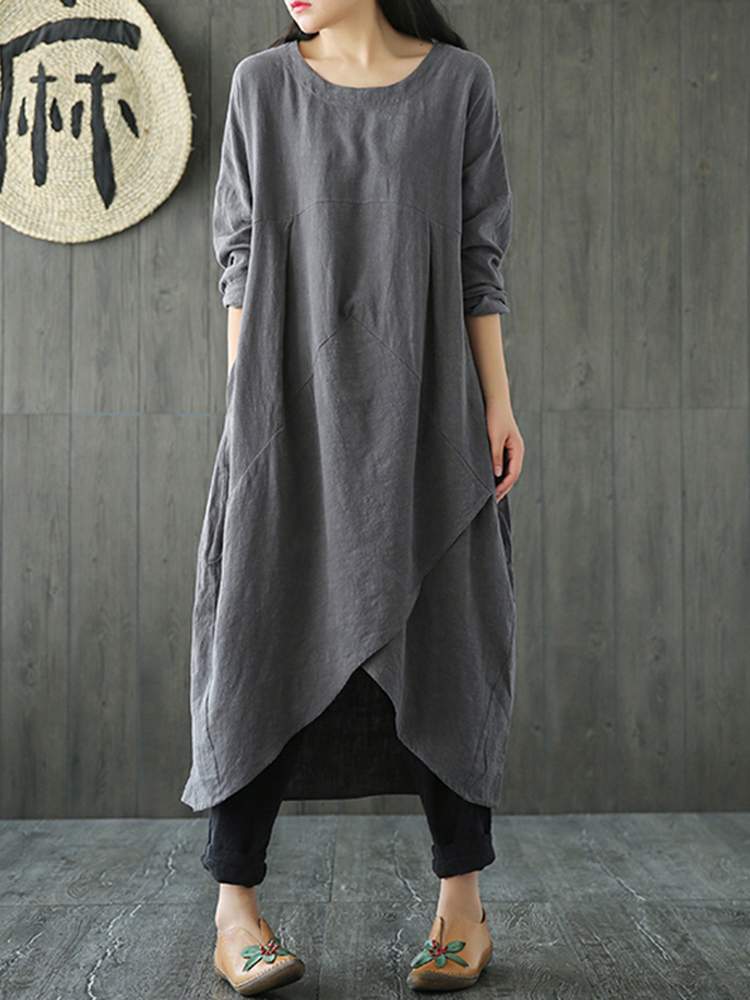 Linen Blend Oversized Long Sleeve Asymmetric Wrap Hem Tunic Maxi Dress