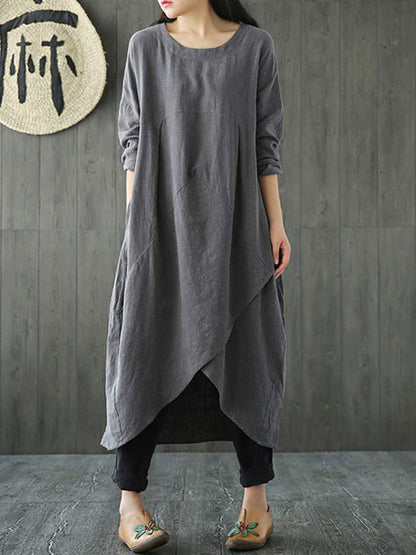 Linen Blend Oversized Long Sleeve Asymmetric Wrap Hem Tunic Maxi Dress