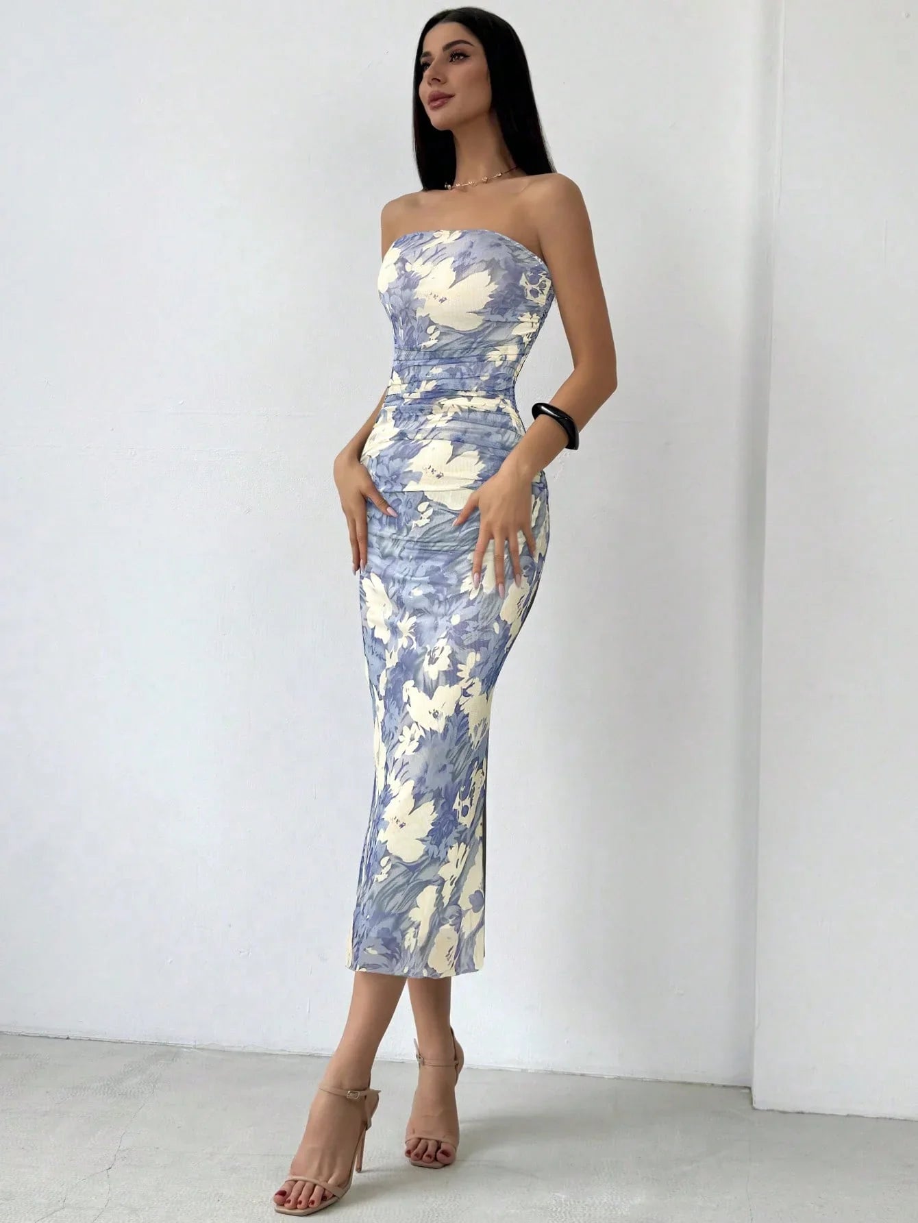 Strapless Blue Slim Fit Floral Dress