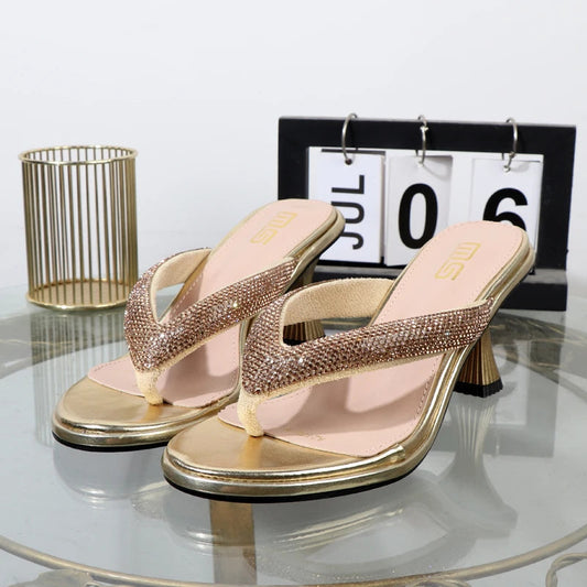 Luxurious Golden Stiletto High Heel Flip Flops with Toe Clip for Summer