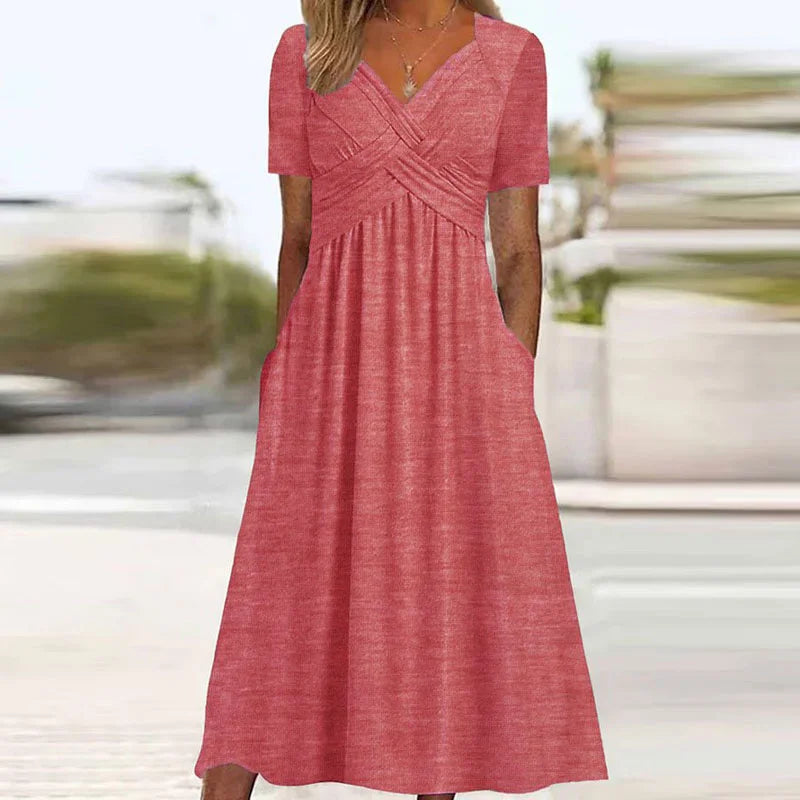 Crossover V-Neck Empire Waist Pocket A-Line Maxi Dress