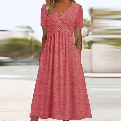 Crossover V-Neck Empire Waist Pocket A-Line Maxi Dress