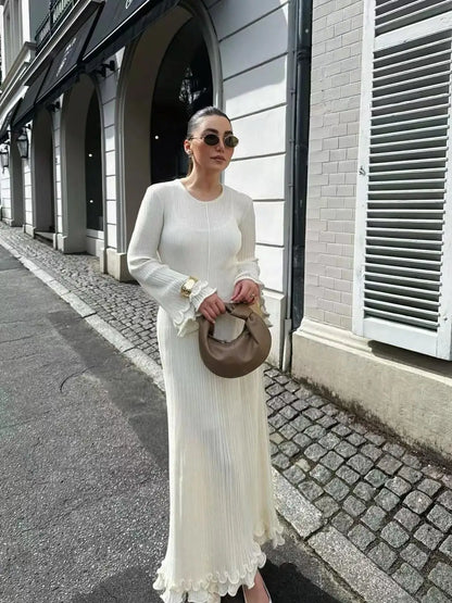Autumn New Ladies Elegant Flared Sleeve Knitted Dress Women Fashion Crew Neck White Slim Robes Summer Female Party Dresses