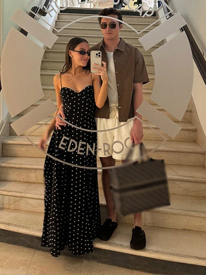 Pleated Wave Point Sling Maxi Dress