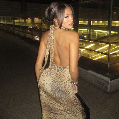 Halter Leopard Embellished Long Dress