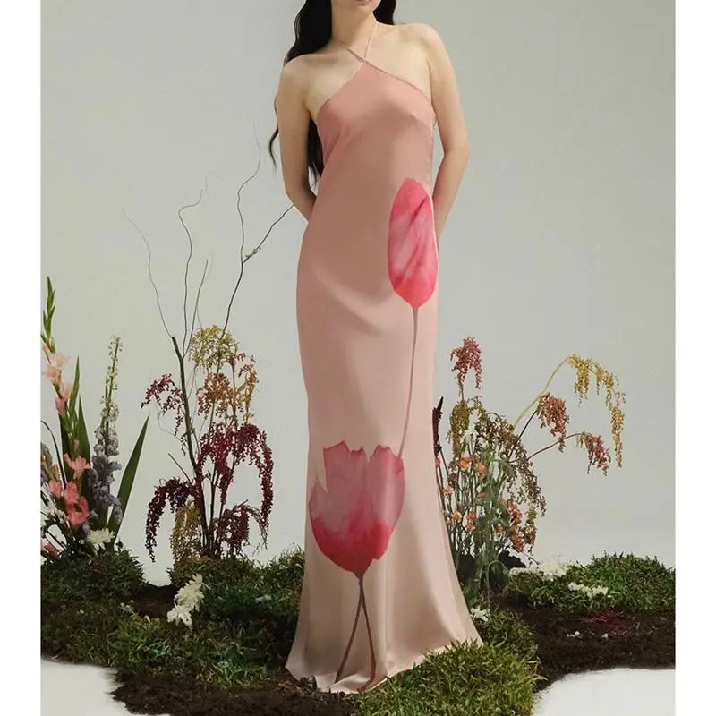 Floral Halter Slip Backless Vacation Dress