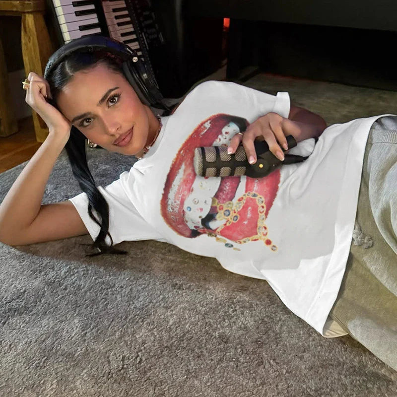 Lip Print Contrast Casual Street T-shirt