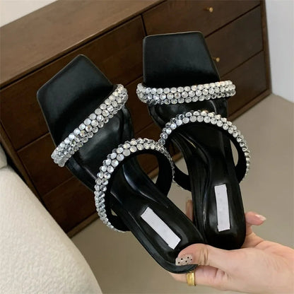 CRYSTAL Hollow Out Women Slippers with Square Toe and Thin Low Heels