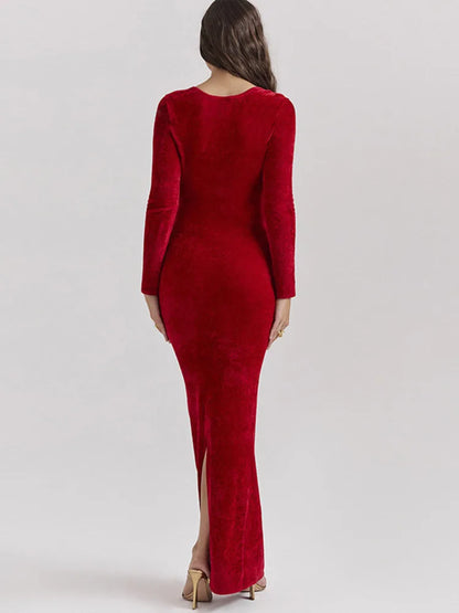 Velvet Long Sleeve V Neck Bodycon Dress