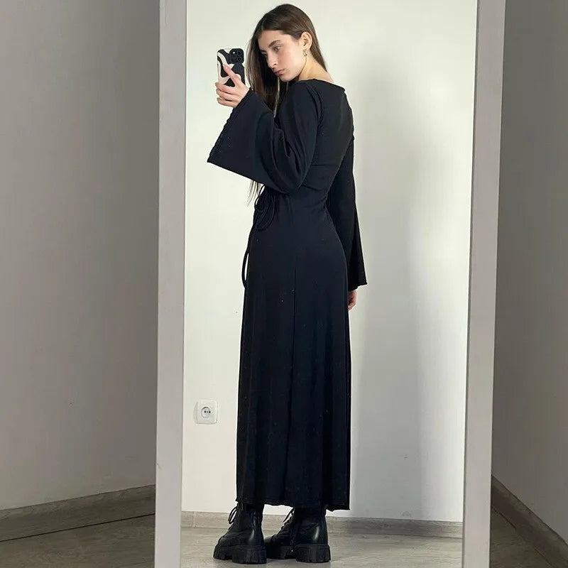Ribbed Solid Lace-up Long Sleeve Dress