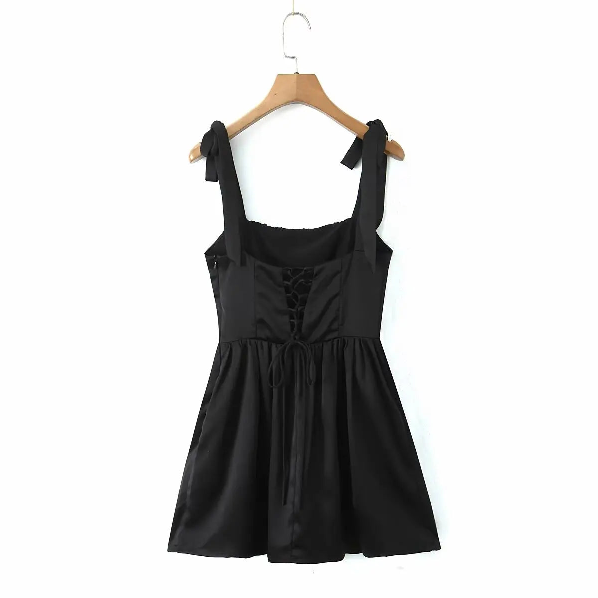 Tie Shoulder Lace Up Back Pleated Skater Mini Dress