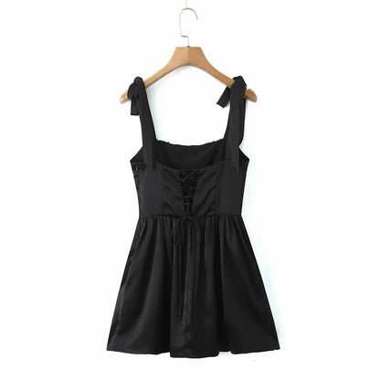 Tie Shoulder Lace Up Back Pleated Skater Mini Dress