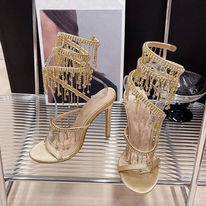 Crystal Tassel Stiletto Sandals for Elegant Women Wedding Banquets
