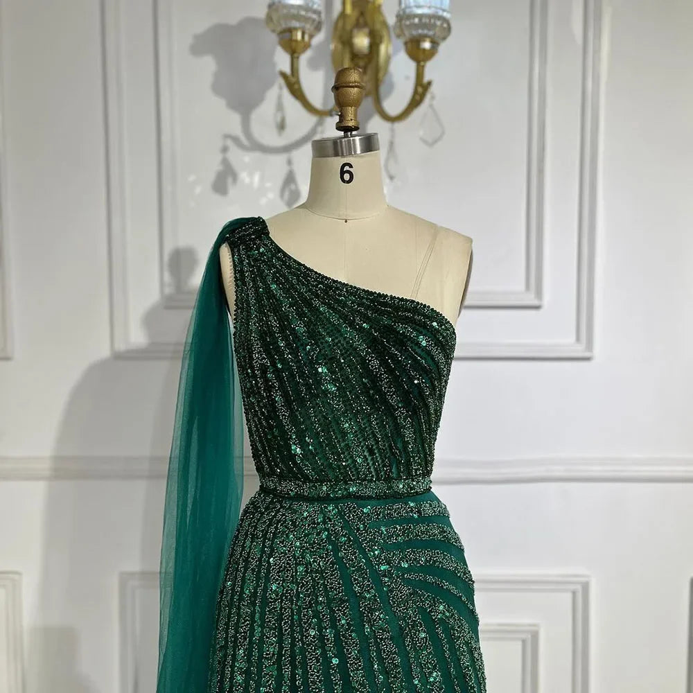 One-Shoulder Cape Sleeve Beaded Evening Dresses