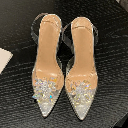 Sexy Crystal Flower PVC Slingback High Heels for Women in Summer
