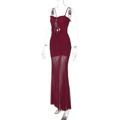 Mesh Patchwork Hollow Out Ruffled Long Dress