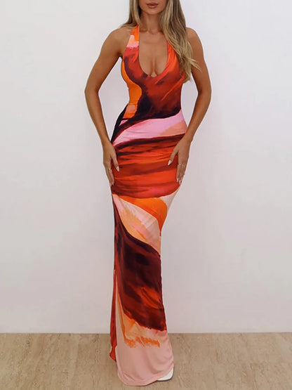 Halter Deep V Neck Lace-up Sleeveless Backless Vacation Dress