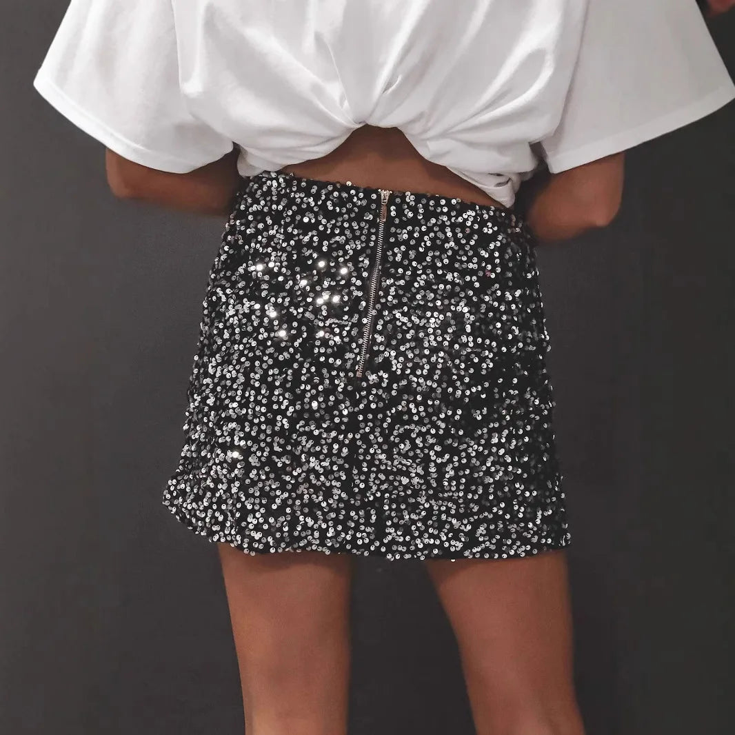 White Sequin Low Waist Mini Skirt