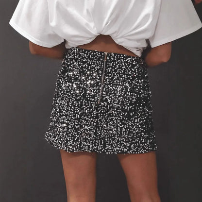 White Sequin Low Waist Mini Skirt