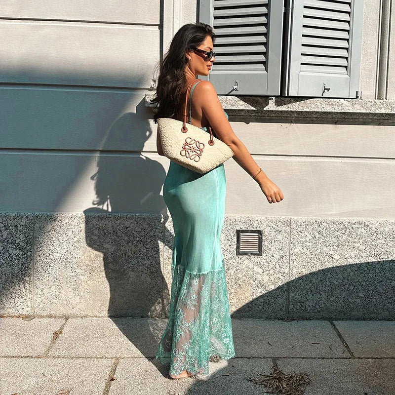 Lace Slash Backless Strap Midi Dress
