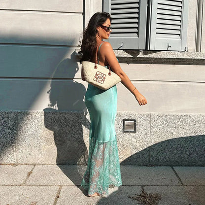 Lace Slash Backless Strap Midi Dress