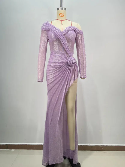 Off-Shoulder Long Sleeve Asymmetric Mesh Dress