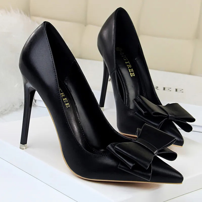 Black Classic Stiletto Pumps with Bow-knot Detail in PU Leather