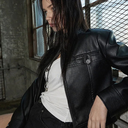 Slim Leather Zipper Button Coat