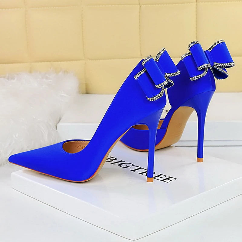 Rhinestone Back Bowknot High Heels Women Pumps in Silks and Satins