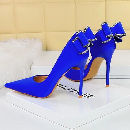 Rhinestone Back Bowknot High Heels Women Pumps in Silks and Satins