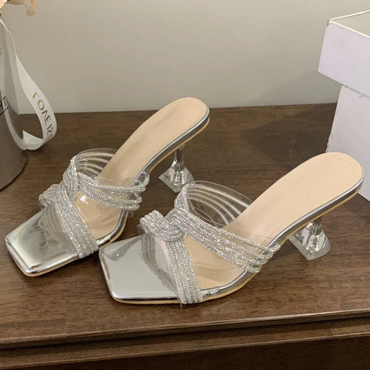 PVC Transparent Open Toe Crystal Slippers Women Low Heels for Summer Banquets