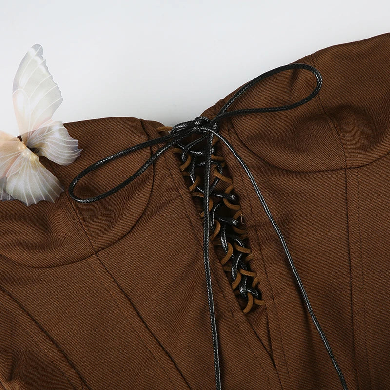 Lace Up Corset Butterfly Applique Draped Waist Maxi Skirt Set