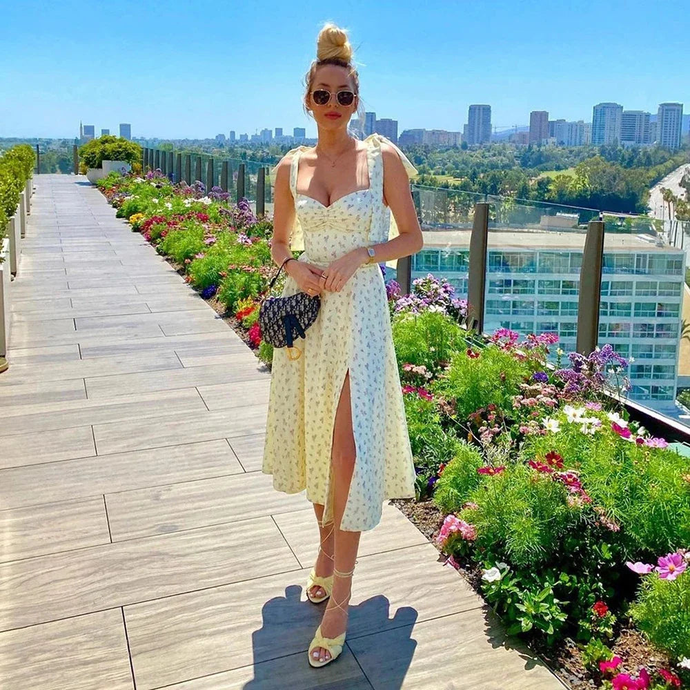 Ditsy Floral Sweetheart Bow Strap Ruched Bodice High Slit Midi Dress