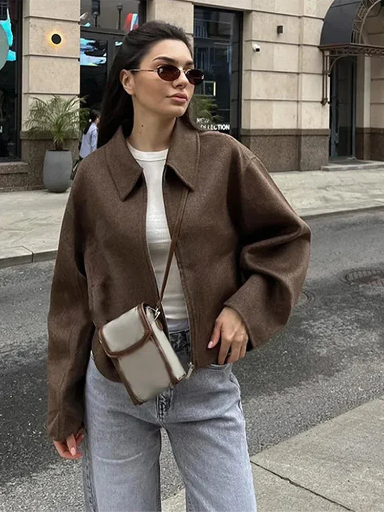Brown Woolen Zipper Short Coat