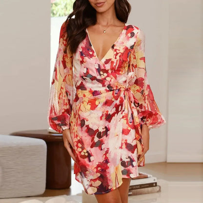 | Floral Wrap Mini Dress, Long Sleeve