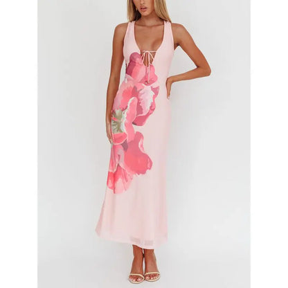 Lace-up Tie-dye Mesh Long Vacation Dress